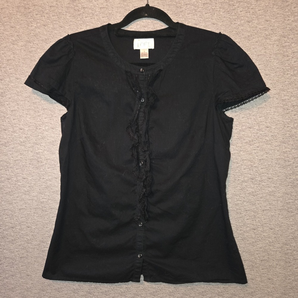 LOFT Black Button-Up Blouse Cap Sleeve Ruffle Shirt 100% Cotton Women's Size 8